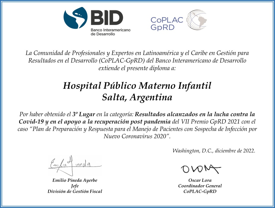 certificado BID El Materno Infantil fue premiado por la gestión durante la Pandemia